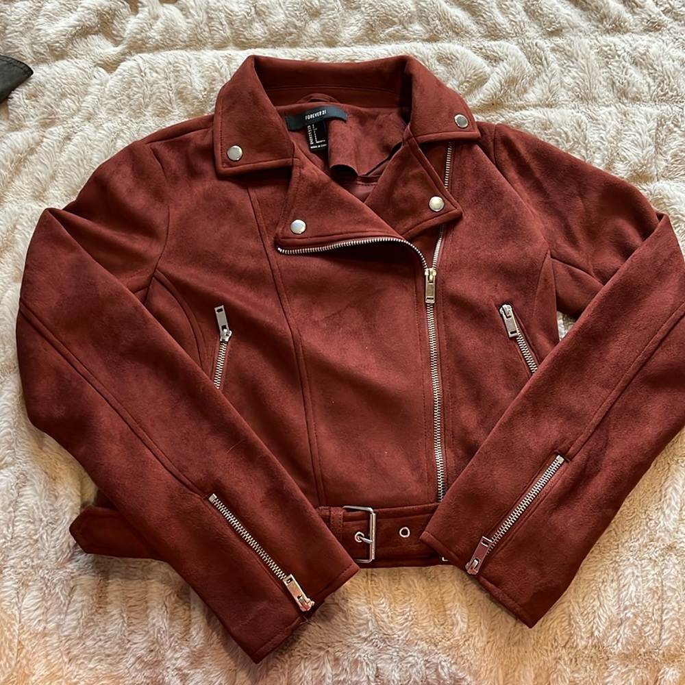 Faux suede Moto jacket. Like new. Ladies S. Brown. Crop biker style